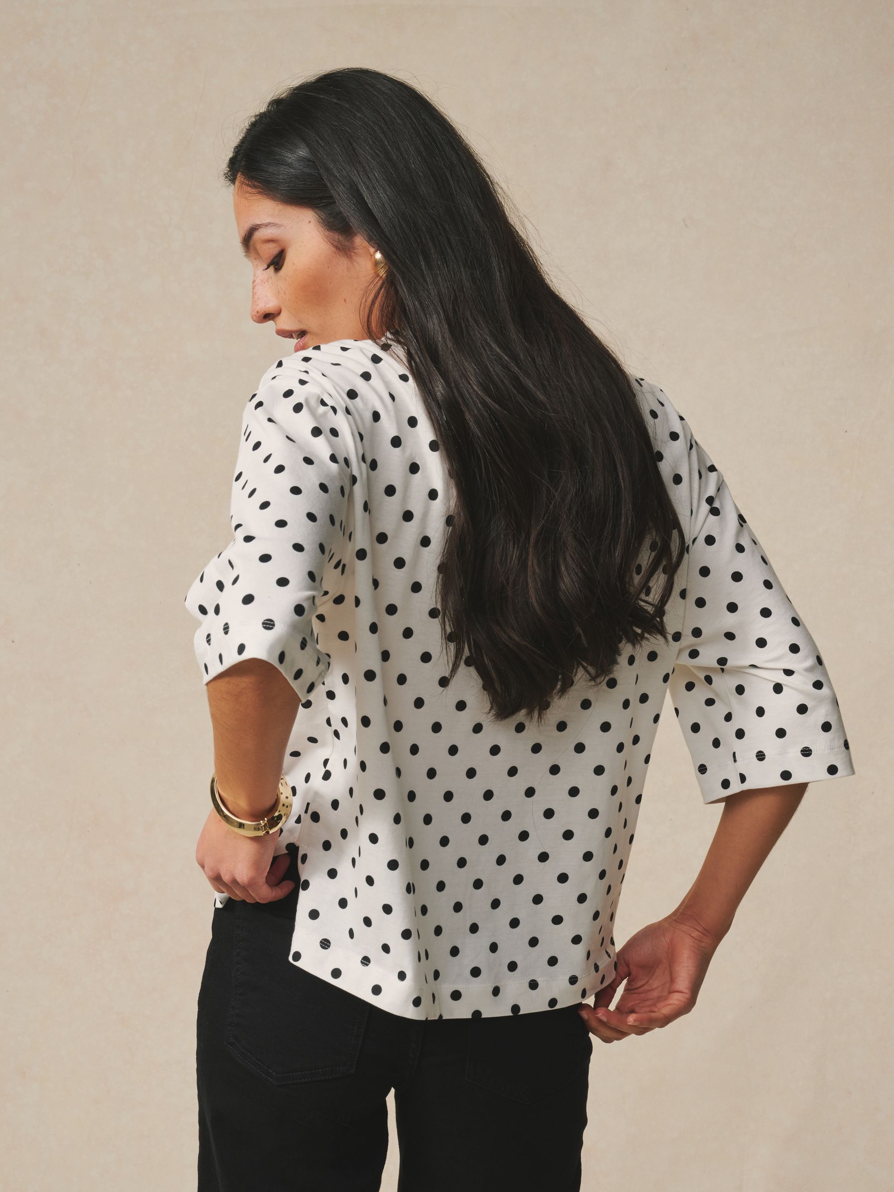 Buy White/Black Polka Dot Relaxed Boxy Elbow Length Crew Neck T