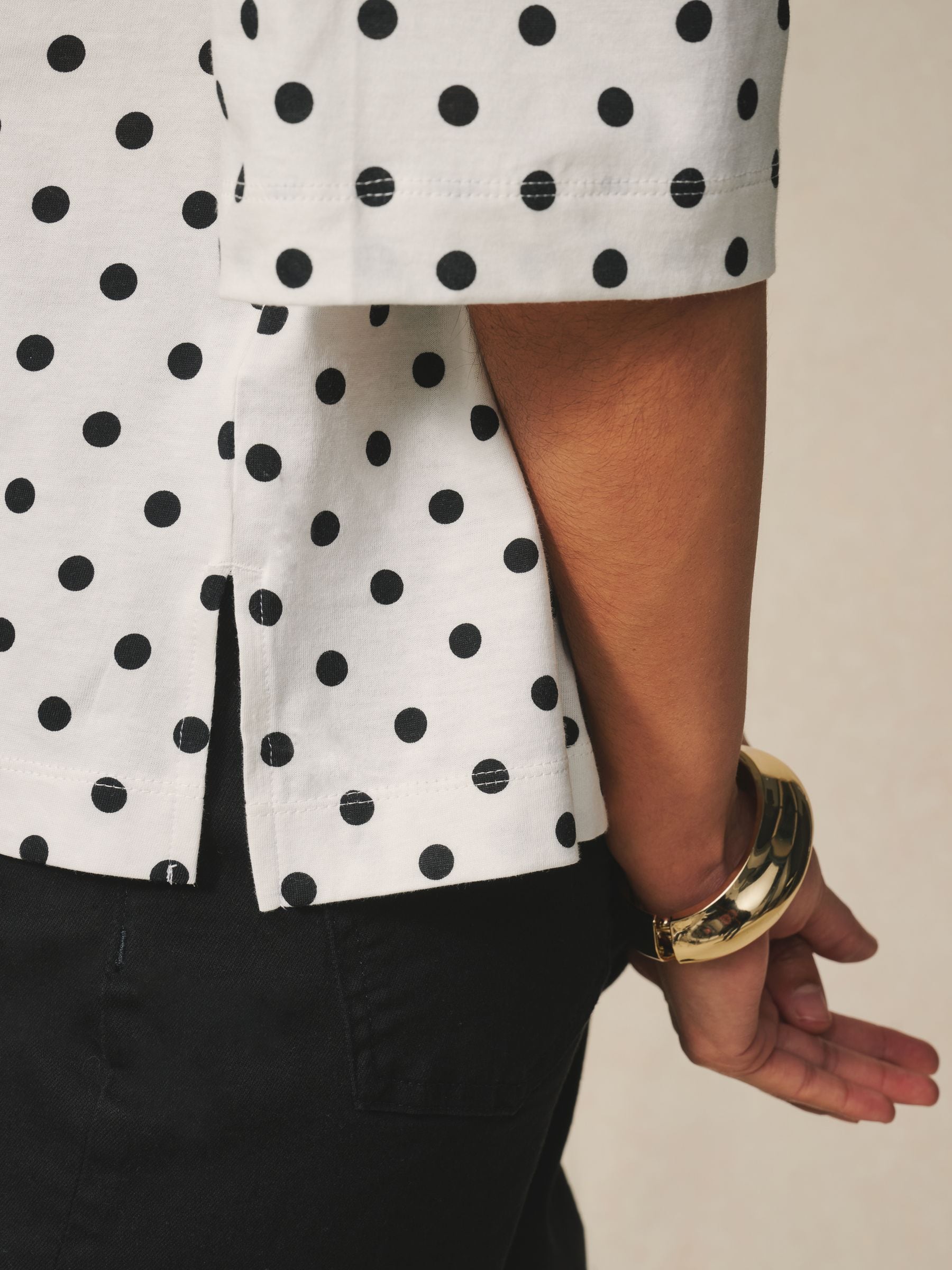 Buy White/Black Polka Dot Relaxed Boxy Elbow Length Crew Neck T