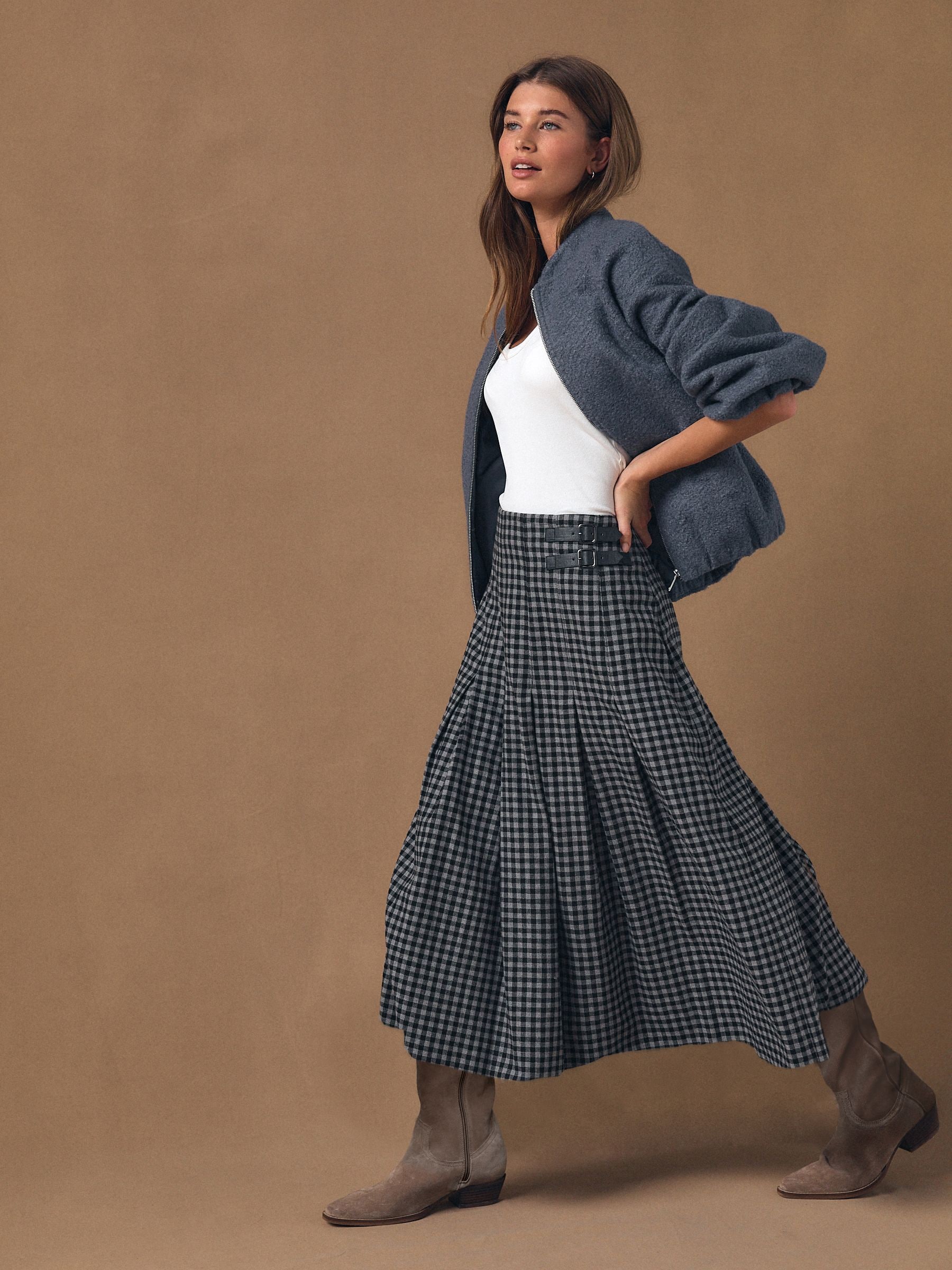 Buy Black/Grey Gingham Midi Kilt Skirt from Next USA