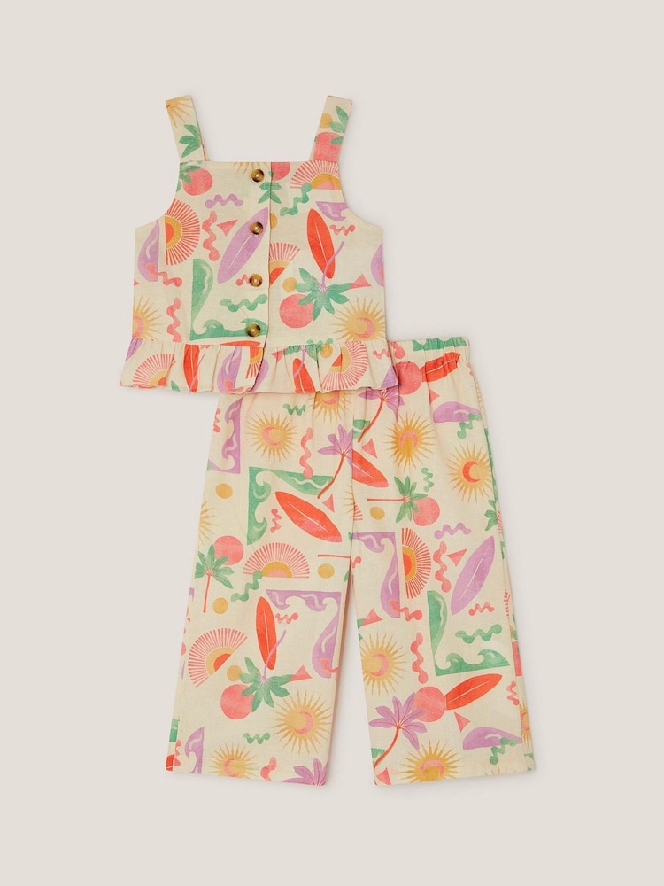 Monsoon Natural Palm Print Top and Trousers Set - Image 1 of 4