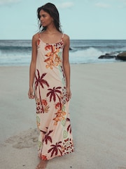 Floral Palm Print Thin Strap Maxi Dress - Image 1 of 8