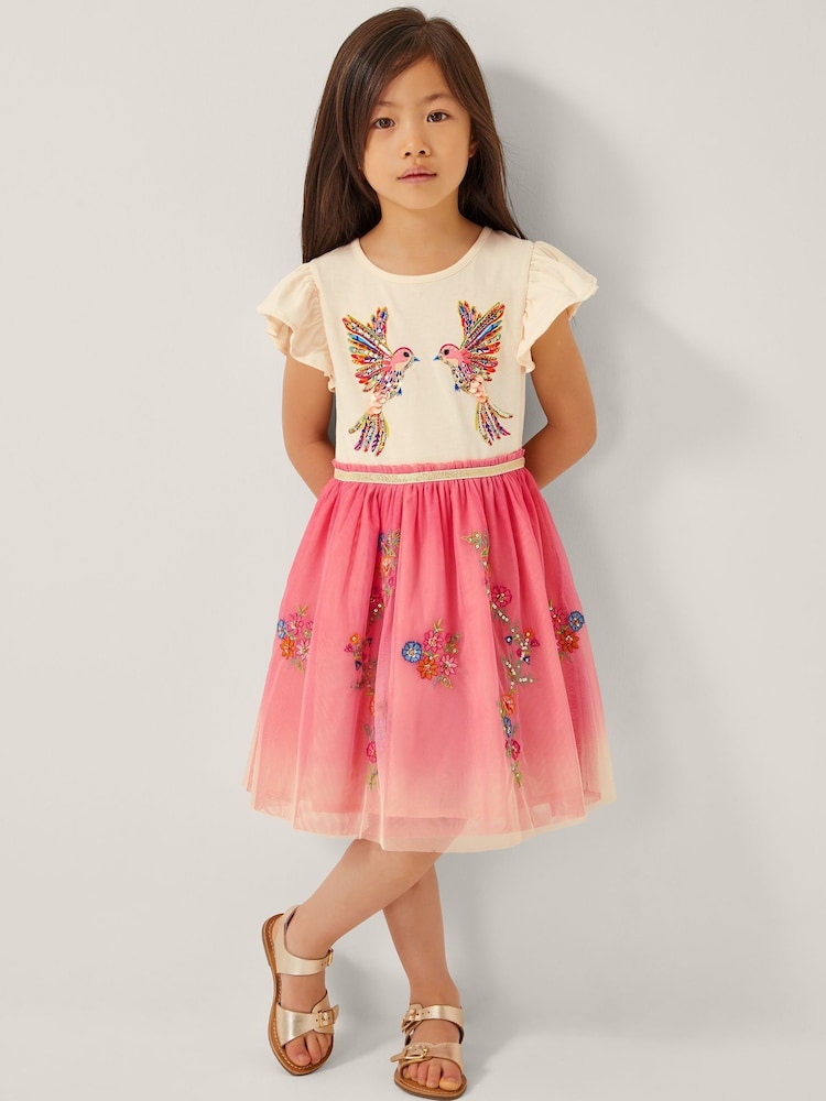 Monsoon Pink Ombre Embellished Hummingbird Print Disco Dress - Image 1 of 4
