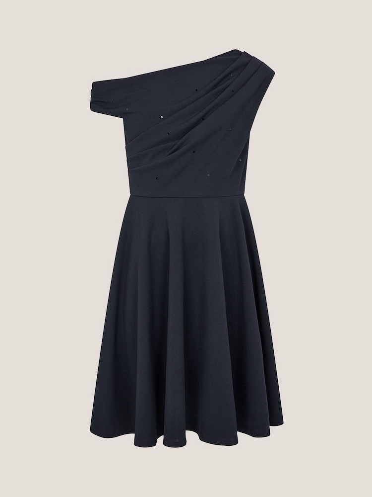 Monsoon Blue One Shoulder Drape Skater Dress - Image 1 of 3 Monsoon Blue One Shoulder Drape Skater Dress - Image 1 of 3