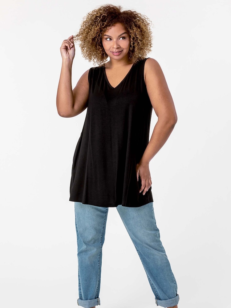 Roman Black Curve Plain V-Neck Vest Top - Image 1 of 5