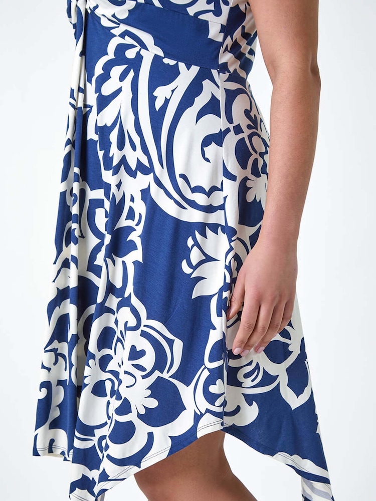 Roman Blue Curve Floral Print Twist Front Dress - Image 5 of 5