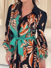 Girl In Mind Green Kaya Floral Print Border Print Midi Shirt Dress - Image 5 of 5