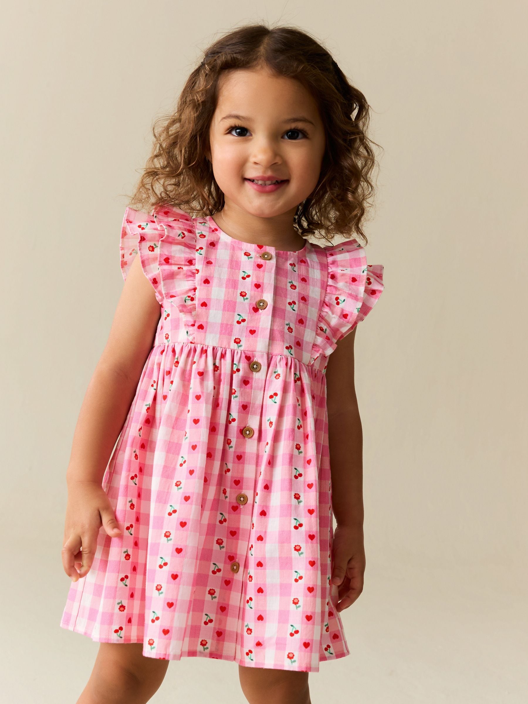 Buy Pink Gingham Cherry Double Ruffle Sleeve Dress (3mths-8yrs
