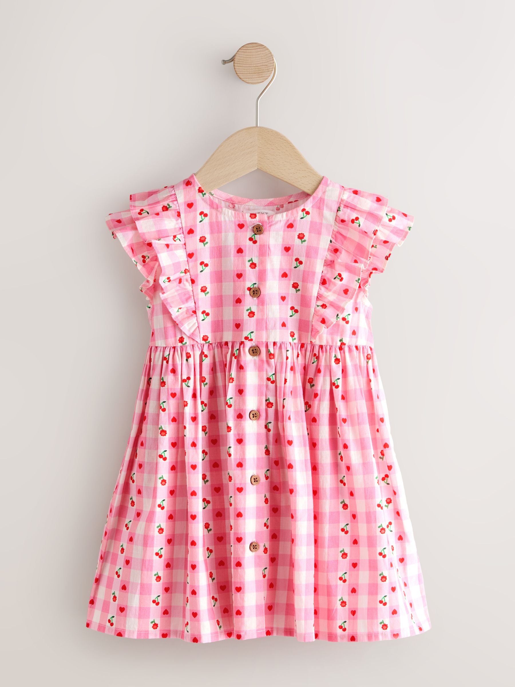 Buy Pink Gingham Cherry Double Ruffle Sleeve Dress (3mths-8yrs