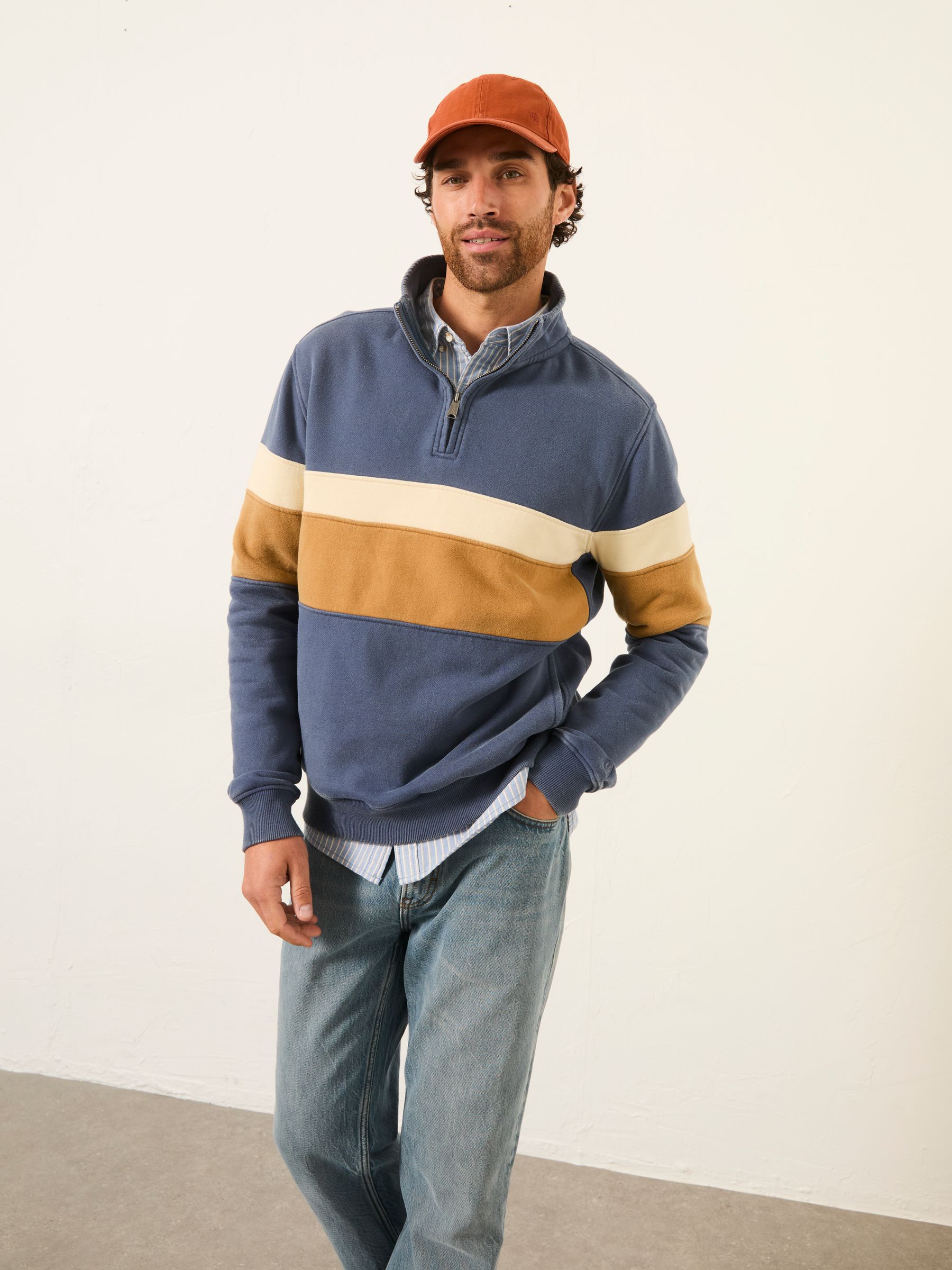 Fat Face Men's Blue Denim Fatface Brooke Colour Block Quarter Neck Sweat
