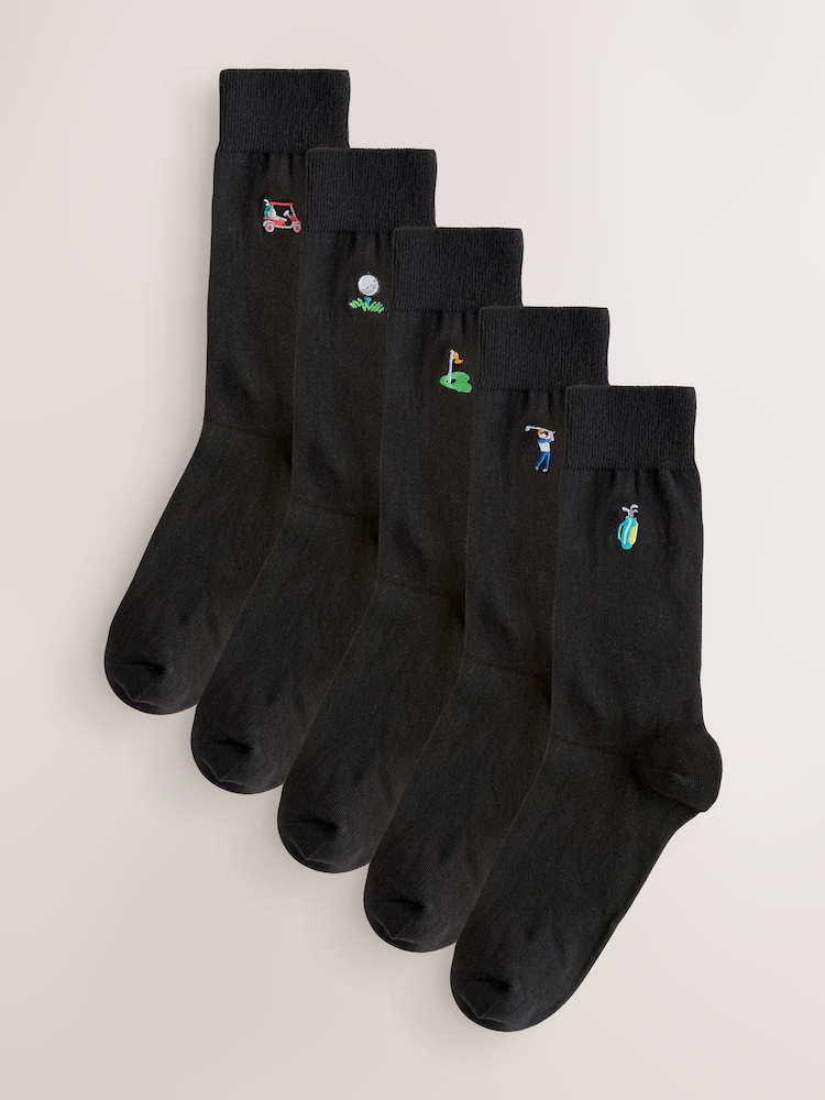 Black Golfing Fun Embroidered Socks 5 Pack - Image 1 of 8 Black Golfing Fun Embroidered Socks 5 Pack - Image 1 of 8