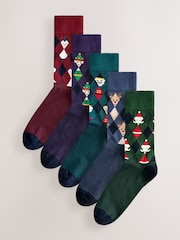 Red/Blue/Green Argyle Christmas Pattern Socks 5 Pack - Image 1 of 8
