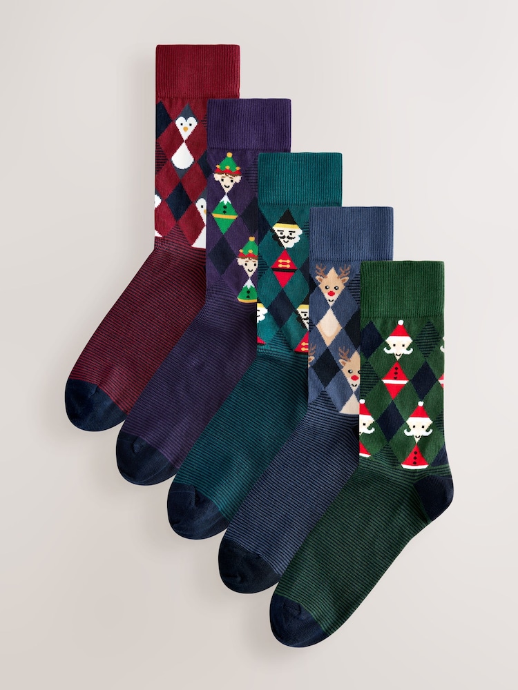Red/Blue/Green Argyle Christmas Pattern Socks 5 Pack - Image 1 of 8