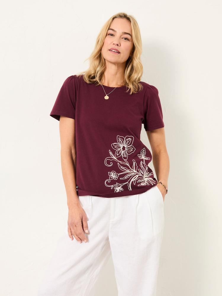 FatFace Freya Plum Purple Floral Embroidered T Shirt - Image 1 of 5