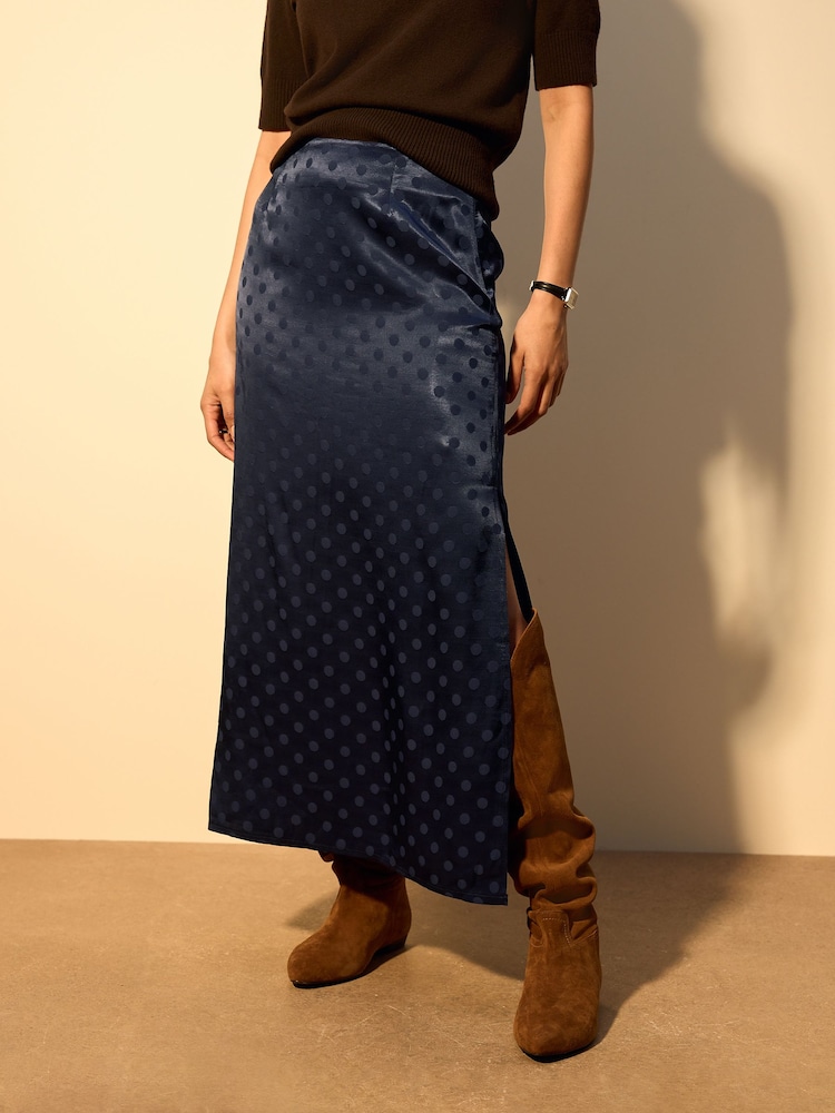 Navy Jacquard Polka Dot Satin Skirt - Image 2 of 6 Navy Jacquard Polka Dot Satin Skirt - Image 2 of 6
