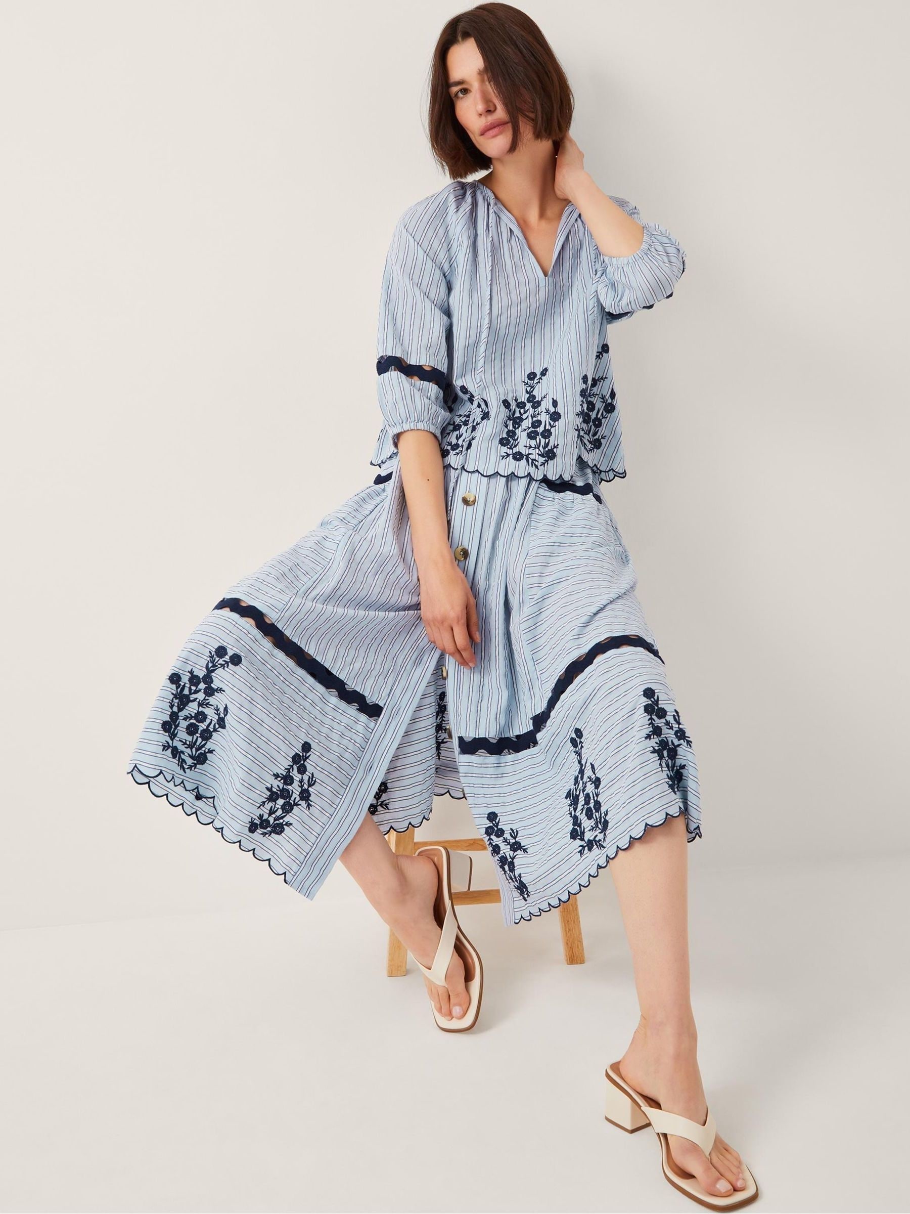 Monsoon Blue Cara Embroidered Stripe Midi Skirt