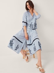 Monsoon Blue Cara Embroidered Stripe Midi Skirt - Image 1 of 5