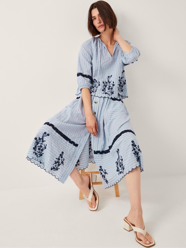 Monsoon Blue Cara Embroidered Stripe Midi Skirt - Image 1 of 5
