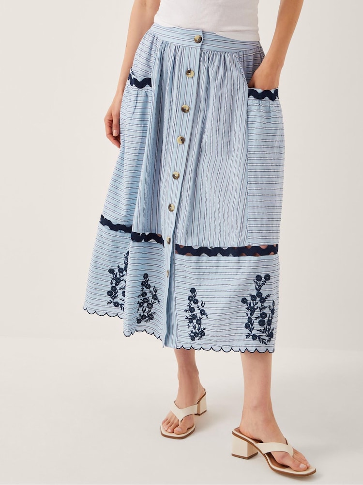 Monsoon Blue Cara Embroidered Stripe Midi Skirt - Image 2 of 5