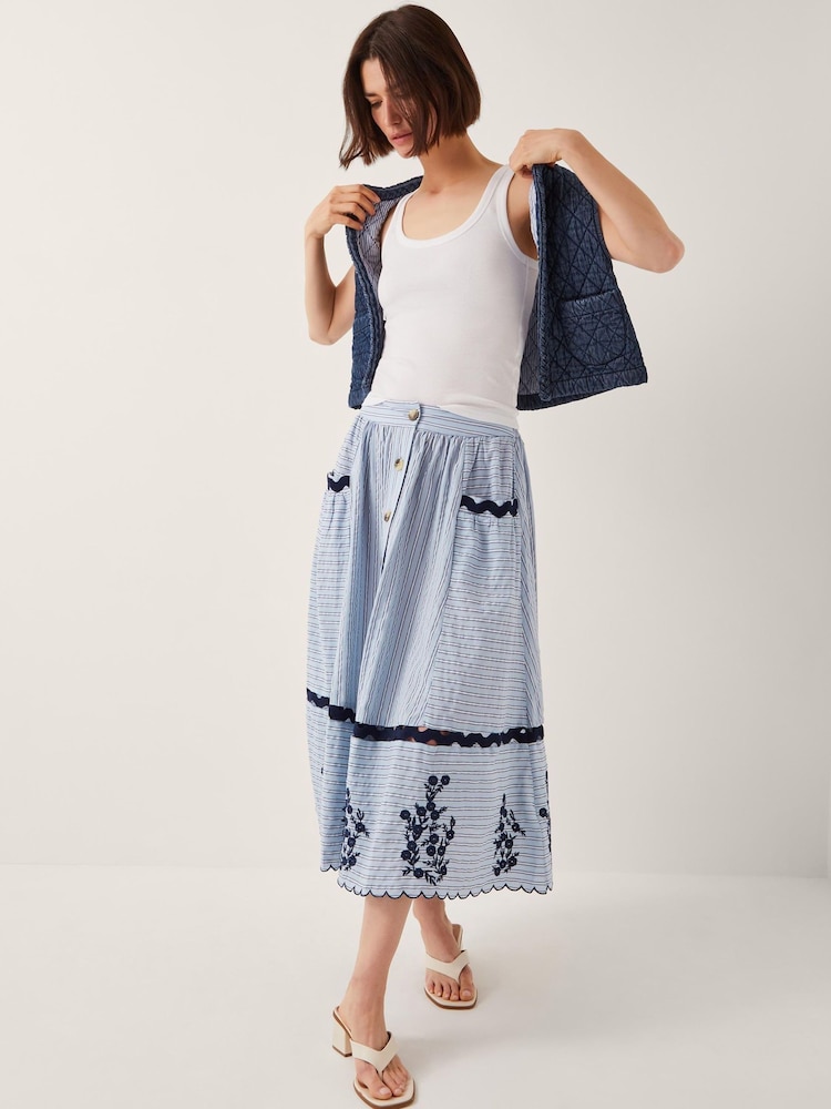 Monsoon Blue Cara Embroidered Stripe Midi Skirt - Image 5 of 5