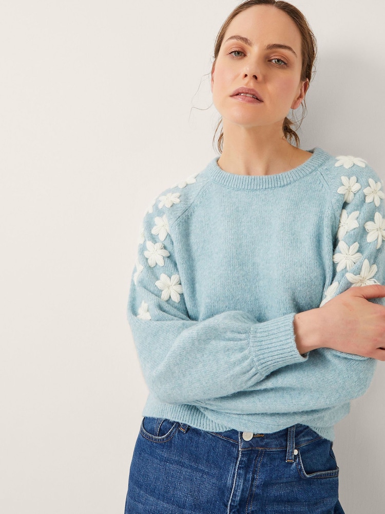 Monsoon Blue Eva Embroidered Sleeve Jumper - Image 1 of 5 Monsoon Blue Eva Embroidered Sleeve Jumper - Image 1 of 5