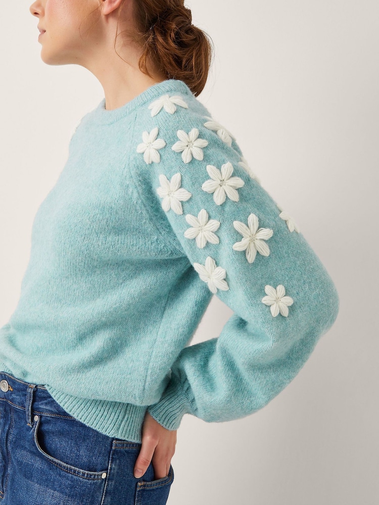 Monsoon Blue Eva Embroidered Sleeve Jumper - Image 2 of 5 Monsoon Blue Eva Embroidered Sleeve Jumper - Image 2 of 5