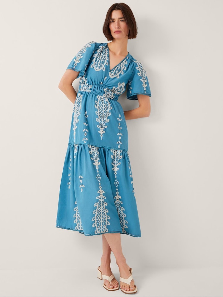 Monsoon Blue Noa Short Sleeve Embroidered Midi Dress - Image 1 of 4