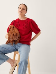 Monsoon Red Fee Floral Print Puff Sleeve Jumper - Image 1 of 5