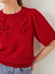 Monsoon Red Fee Floral Print Puff Sleeve Jumper - Image 4 of 5
