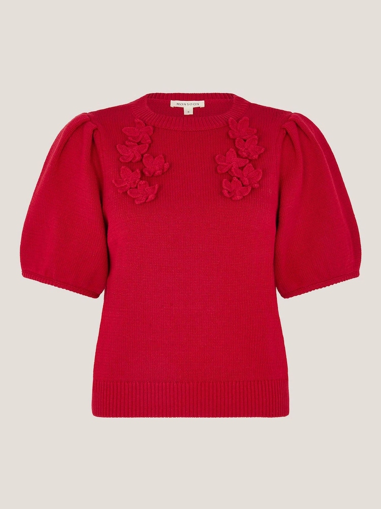 Monsoon Red Fee Floral Print Puff Sleeve Jumper - Image 5 of 5