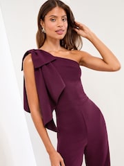 Lipsy Wine One Shoulder Bow Jumpsuit - Image 3 of 4