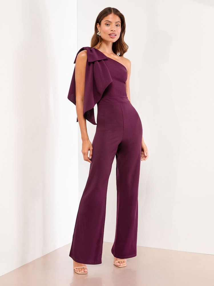 Lipsy Wine Petite One Shoulder Bow Jumpsuit - Image 1 of 4