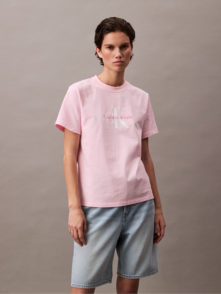 Calvin Klein Pink Monogram Logo T-Shirt - Image 1 of 6