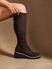 Linzi Brown Wide Fit Maintain Stretch High Leg Wedge Boots - Image 2 of 6