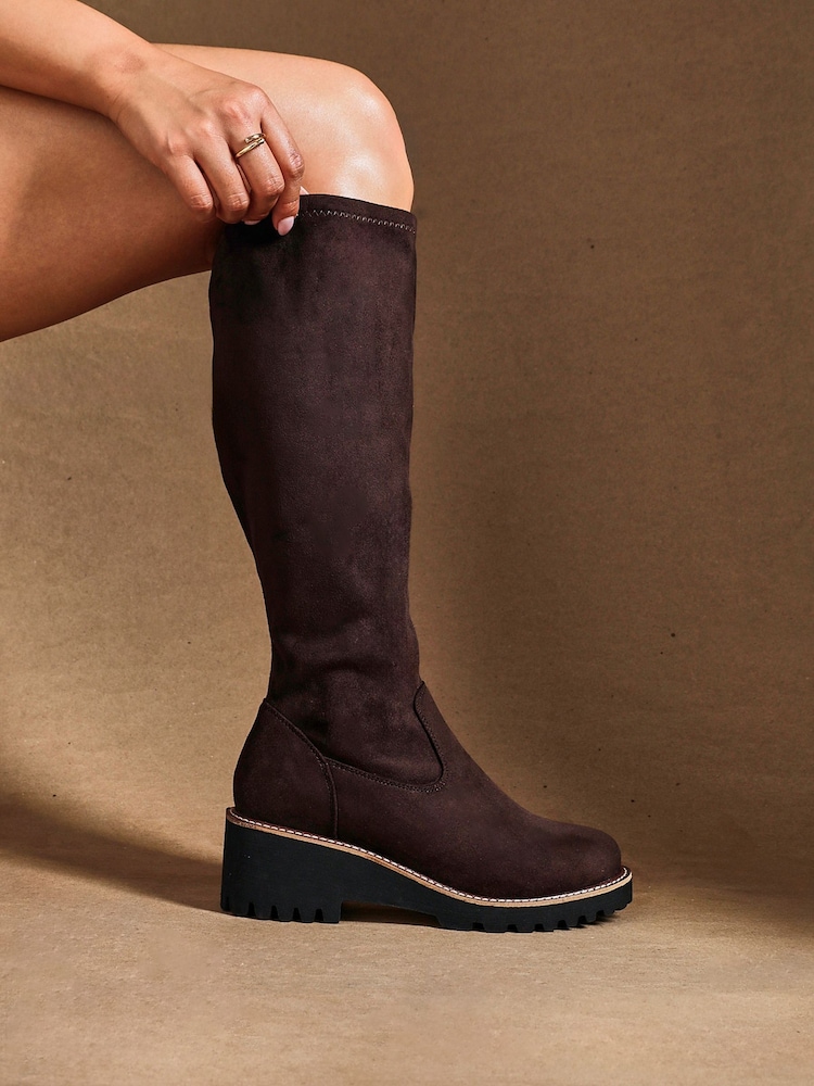 Linzi Brown Wide Fit Maintain Stretch High Leg Wedge Boots - Image 2 of 6 Linzi Brown Wide Fit Maintain Stretch High Leg Wedge Boots - Image 2 of 6