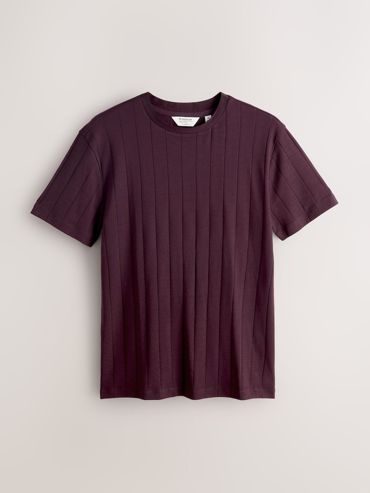 Burgundy Red Modal Cotton Ribbed Textured Smart T-Shirt - Image 1 of 3 Burgundy Red Modal Cotton Ribbed Textured Smart T-Shirt - Image 1 of 3