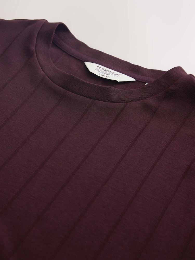 Burgundy Red Modal Cotton Ribbed Textured Smart T-Shirt - Image 3 of 3 Burgundy Red Modal Cotton Ribbed Textured Smart T-Shirt - Image 3 of 3