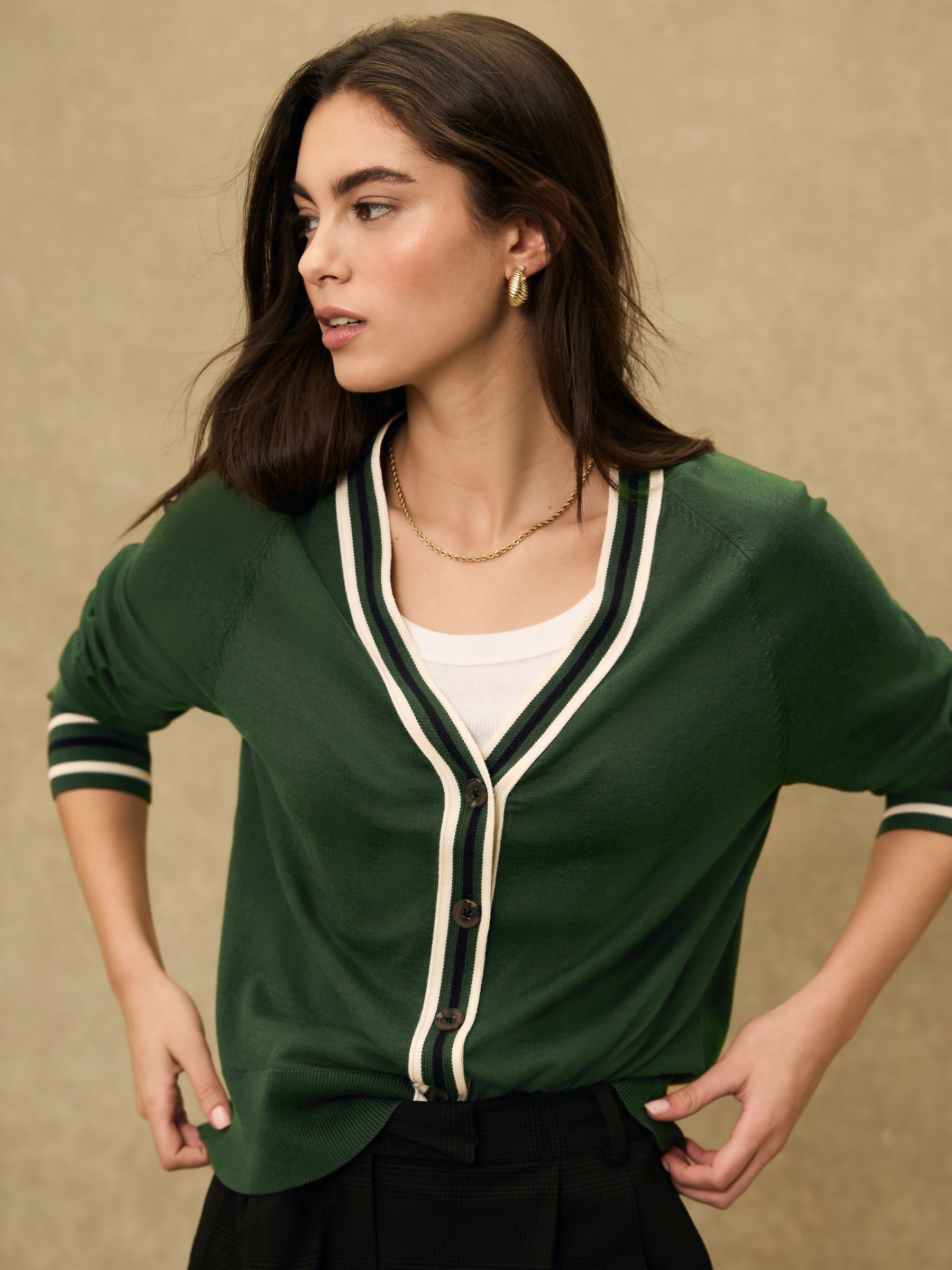 Buy Dark Khaki Green Tipped Soft Touch V-Neck Cotton Rich Button