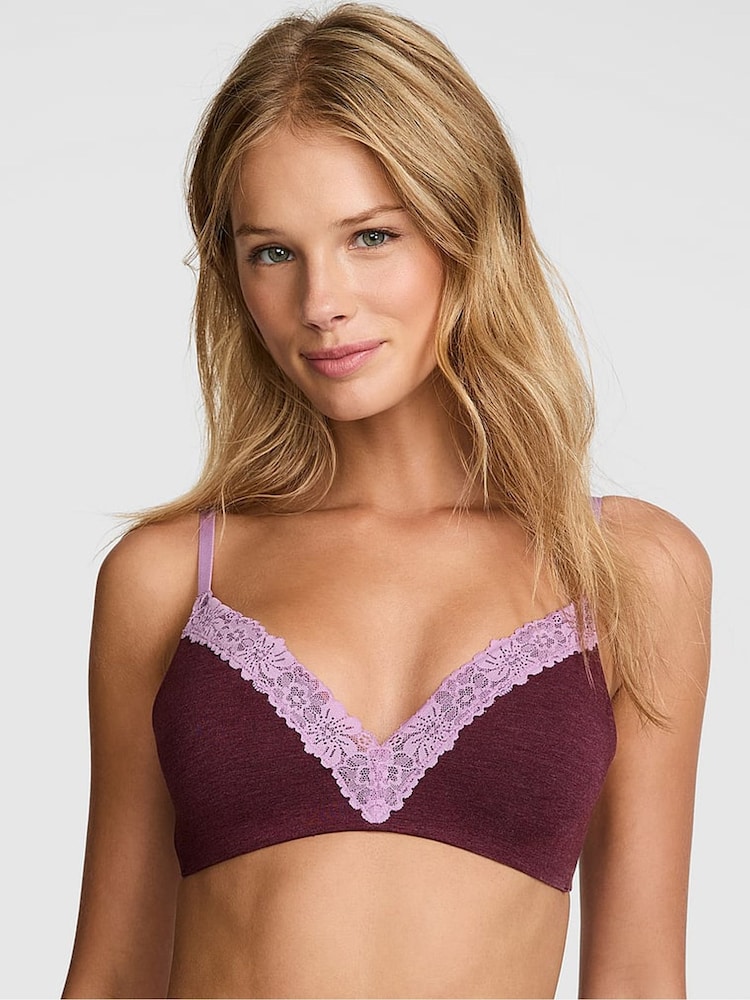 Victoria's Secret PINK Burgandy Red Non Wired Push Up Cotton Heather Lace Trim Bra - Image 1 of 1