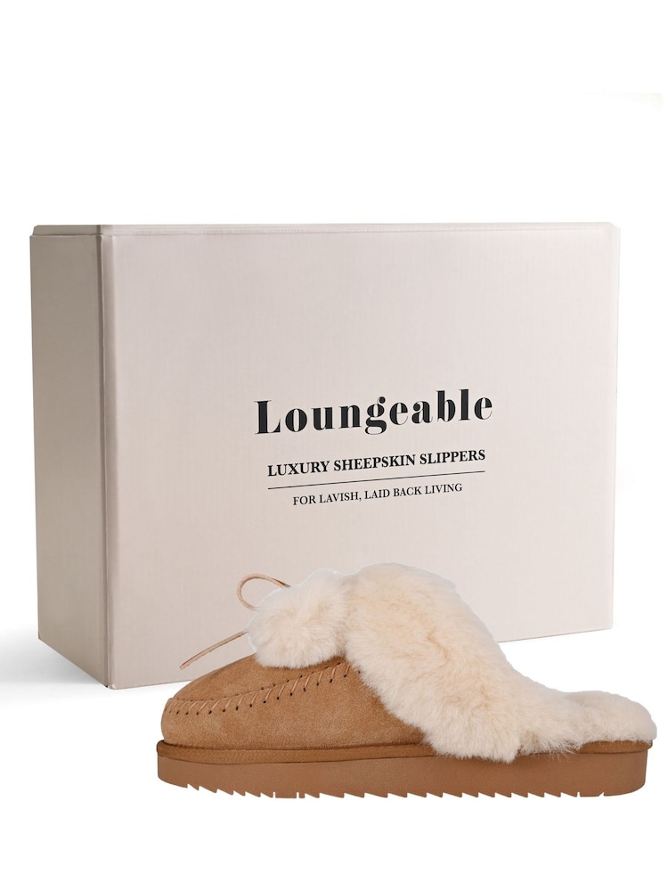 Loungeable Brown Cosy Sheepskin Mules With Fur Poms - Image 5 of 5