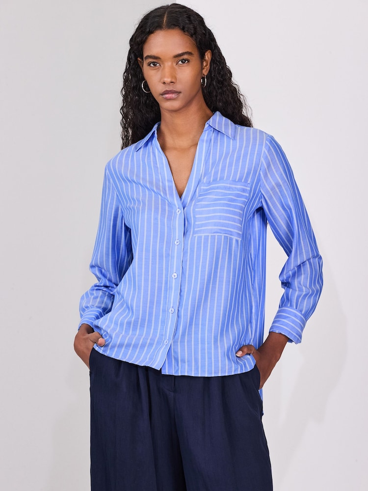 Blue/White Stripe Soft Relaxed Long Sleeve Shirt - Image 2 of 9 Blue/White Stripe Soft Relaxed Long Sleeve Shirt - Image 2 of 9