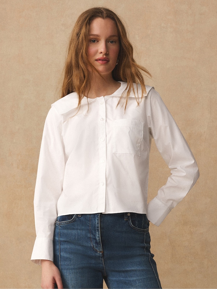 Alb - Long Sleeve Sailor Collar Shirt - Imaginea 1 din 5