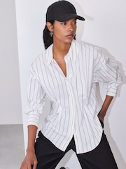 White/Black Stripe Cinched Waist Fitted Shirt - Image 1 of 9