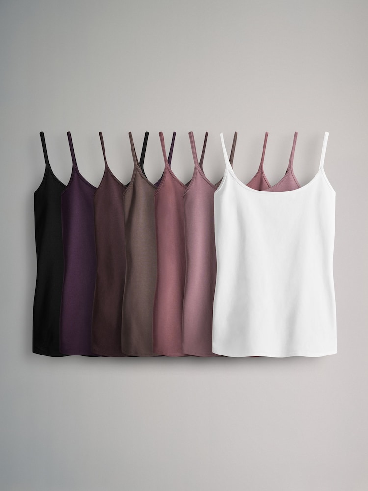 The Set Black/Purple/Brown/Taupe/Pink/Cream 7 Pack Thin Strap Vest Tops - Image 1 of 10 The Set Black/Purple/Brown/Taupe/Pink/Cream 7 Pack Thin Strap Vest Tops - Image 1 of 10