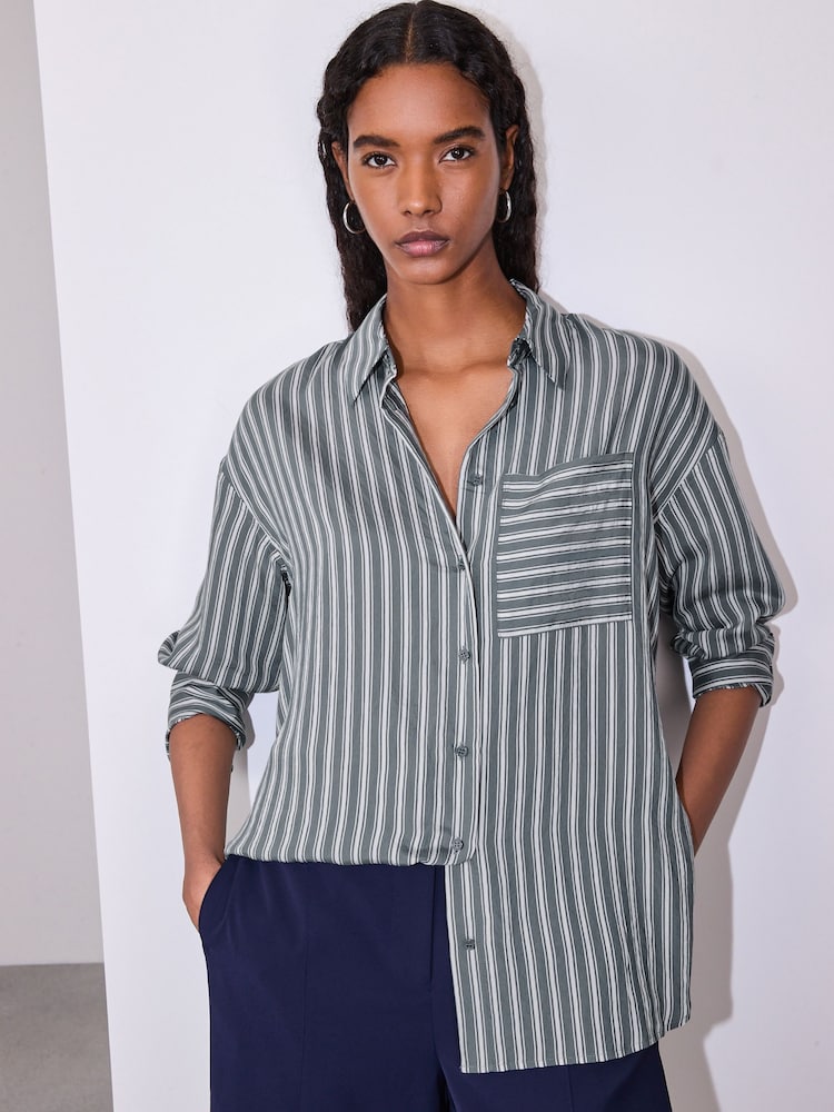 Slate Grey/White Jacquard Stripe Oversized Long Sleeve Shirt - Image 1 of 8 Slate Grey/White Jacquard Stripe Oversized Long Sleeve Shirt - Image 1 of 8