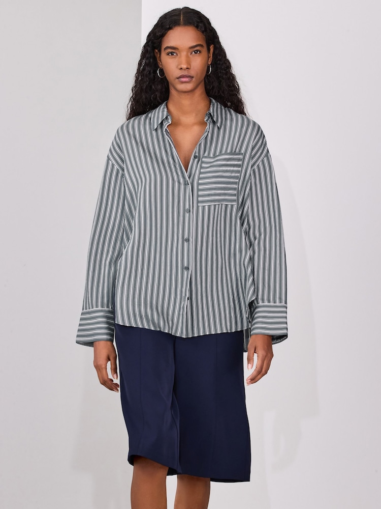 Slate Grey/White Jacquard Stripe Oversized Long Sleeve Shirt - Image 2 of 8 Slate Grey/White Jacquard Stripe Oversized Long Sleeve Shirt - Image 2 of 8