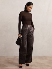 Reiss Chocolate Brown Sofia Mesh Funnel-Neck Knit Top - Image 3 of 6