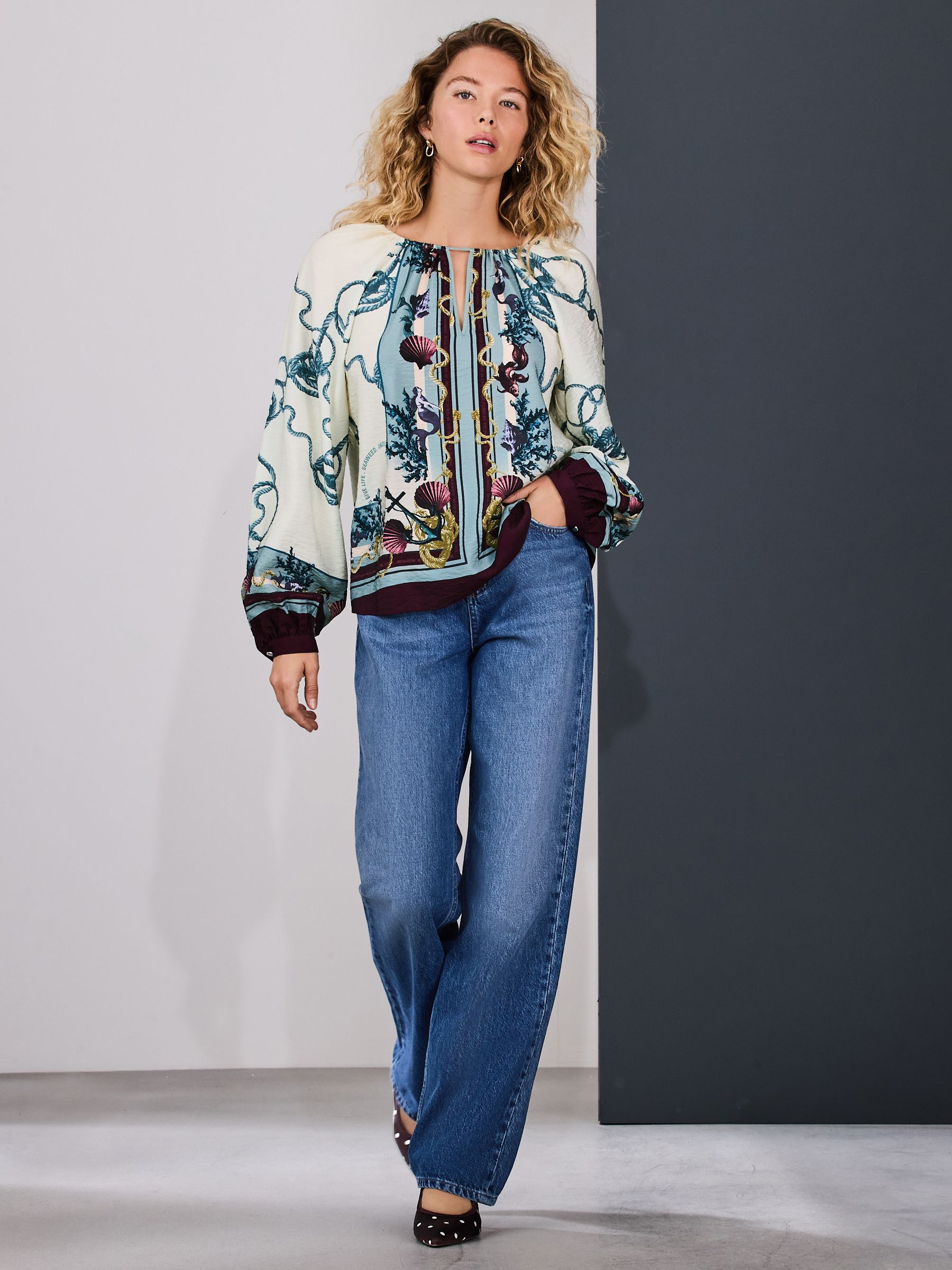 Buy Marine Border Print Keyhole Detail Relaxed Long Sleeve Blouse