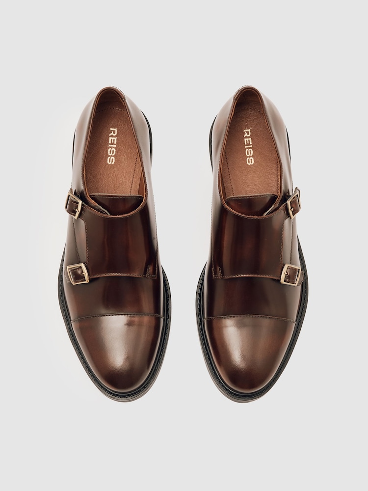 Buy Reiss Tan Casper Leather Double-Strap Monk Shoes from  display picture 3