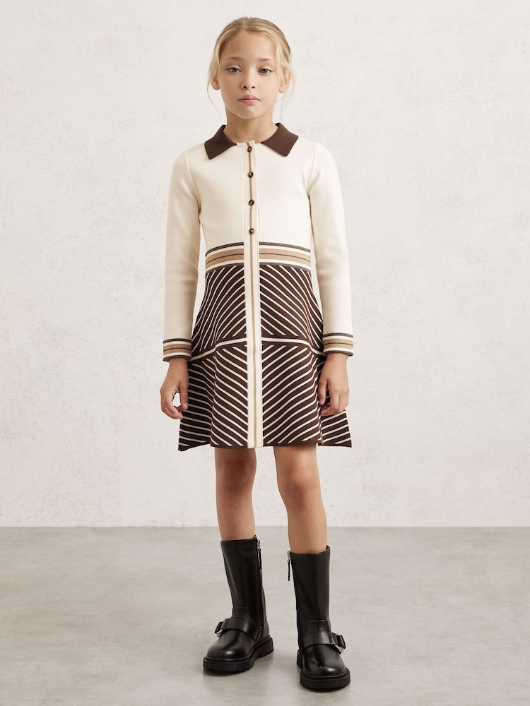Reiss Chocolate Zana Stripe-Detail Collared Knit Dress - Image 1 of 4 Reiss Chocolate Zana Stripe-Detail Collared Knit Dress - Image 1 of 4
