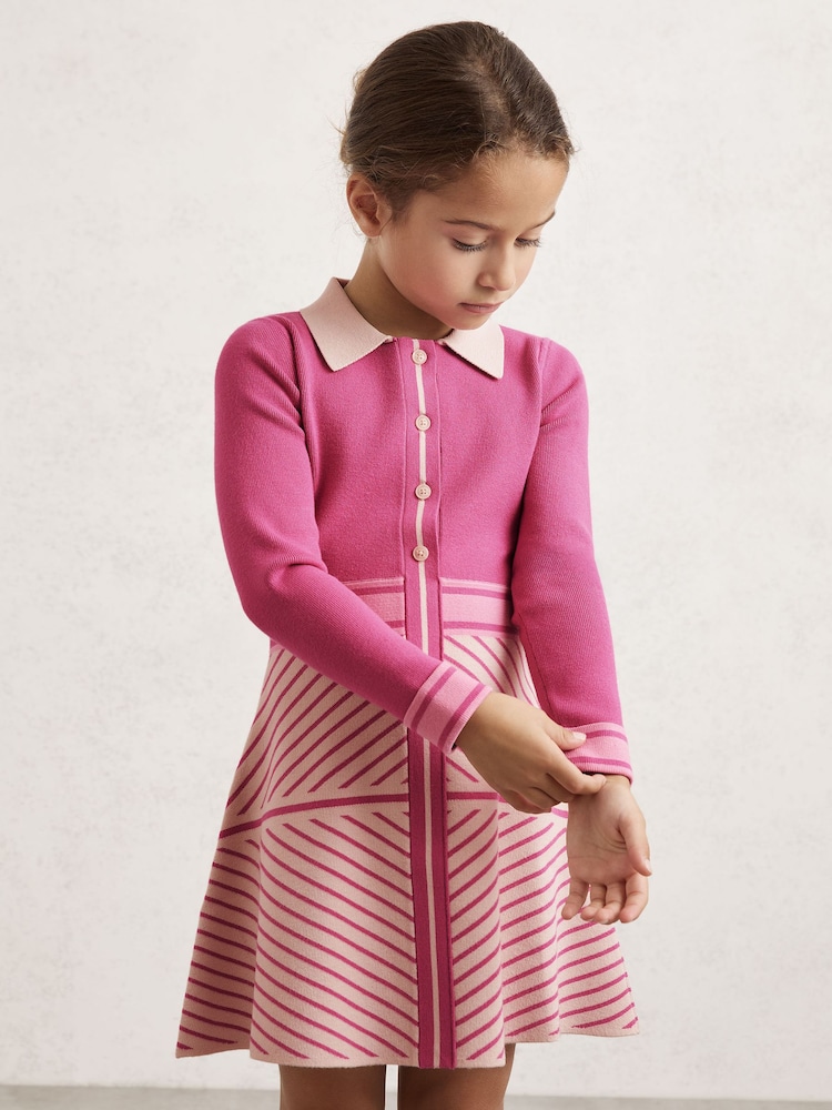 Reiss Dark Pink Zana Stripe-Detail Collared Knit Dress - Image 1 of 4 Reiss Dark Pink Zana Stripe-Detail Collared Knit Dress - Image 1 of 4